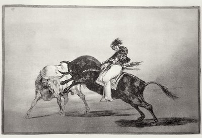 Ten sam Mariano Ceballos, dosiadający byka, łamie krótkie włócznie na ringu w Madrycie, płyta 24 „Sztuka walki byków”, wyd. 1816 (akwaforta) autorstwa Francisco Jose de Goya y Lucientes