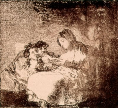 „Kobieta czyta historię dwóm dzieciom”” Litografia autorstwa Francisco de Goya y Lucientes (1746-1828). 1819-1822. Madryt. Biblioteka Narodowa autorstwa Francisco Jose de Goya y Lucientes