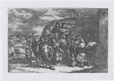 Tablica 13: grupa ludzi na zewnątrz, w tym prawdopodobnie muzycy, z serii cust..., 1850. autorstwa Francisco Lameyer Berenguer