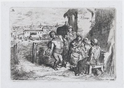 Ilustracja 16: grupa ludzi na zewnątrz, w tym mężczyzna nalewający wino lub wodę z naczynia..., 1850. autorstwa Francisco Lameyer Berenguer