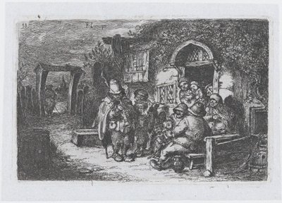 Tablica 18: uliczni muzycy i inne postacie przed karczmą, z cyklu obyczajów…, 1850. autorstwa Francisco Lameyer Berenguer