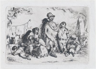 Ilustracja 2: grupa ludzi na ulicy, prawdopodobnie żebracy, z cyklu obyczaje i..., 1850. autorstwa Francisco Lameyer Berenguer