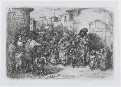 Tablica 3: grupa muzyków ulicznych, z cyklu obyczajów i rozrywek Hiszpanów…, 1850. autorstwa Francisco Lameyer Berenguer