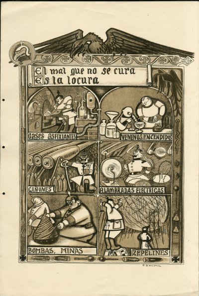 Ilustracja Francisco Sancha Lengo (1874-1936) - Latający liść, ok. 1915 - Nieuleczalne zło to szaleństwo - Wojna 14-18, Niemcy Prusy, Gaz duszący, Język hiszpański, Prasa zagraniczna autorstwa Francisco Sancha y Lengo