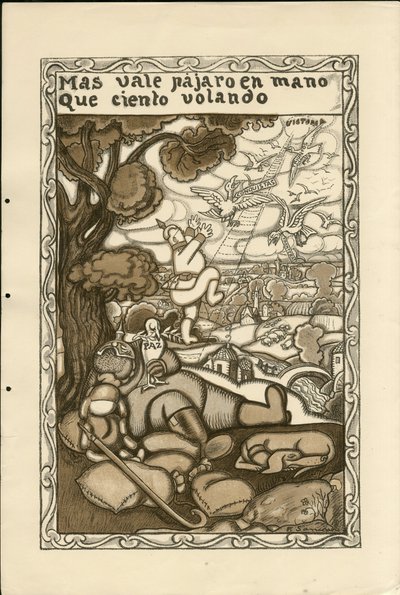 Ilustracja Francisco Sancha Lengo (1874-1936) - Latający liść, ca. 1915 - Ptak wart więcej niż sto latania - Wojna 14-18, Niemcy Prusy, Wojownicy i symbole, Zwycięstwo, Pokój, Język hiszpański, Prasa zagraniczna autorstwa Francisco Sancha y Lengo