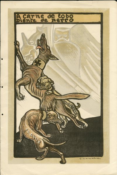 Ilustracja Francisco Sancha Lengo (1874-1936) - Latający liść, około 1915 - A carne de lobo diente de perro - Wojna 14-18, Niemcy Prusy, Anglia Wielka Brytania, Wojownicy i symbole, Francja, Język hiszpański, Prasa zagraniczna - Wilhelm II, Pies, Hid autorstwa Francisco Sancha y Lengo