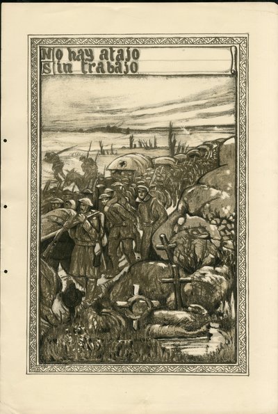 Ilustracja Francisco Sancha Lengo (1874-1936) - Latający liść, ok. 1915 - Nie ma skrótu bez pracy - Wojna 14-18, Transzy, Język hiszpański, Prasa zagraniczna - Więźniowie autorstwa Francisco Sancha y Lengo