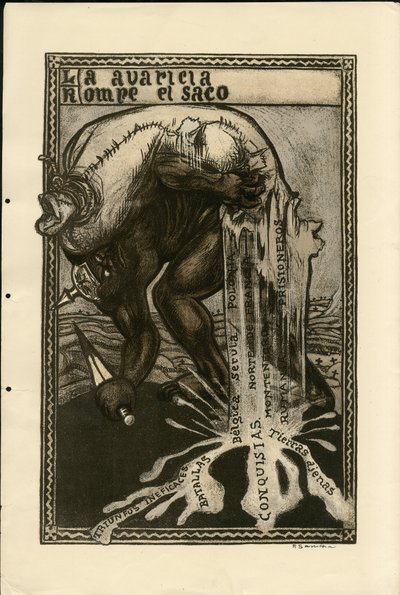 Ilustracja Francisco Sancha Lengo (1874-1936) - Latający liść, ok. 1915 - Wojna 14-18, Niemcy Prusy, Srebro, Wojownicy i symbole, Język hiszpański, Prasa zagraniczna autorstwa Francisco Sancha y Lengo