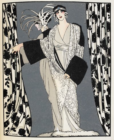 Blanc et noir. Kobieta w kostiumie zaprojektowanym w 1855 roku przez Johna Redferna, ilustracja z „La Gazette du Bon Ton” (kolor litho) autorstwa Francisco Xavier Gose