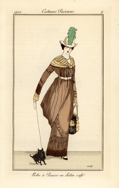 Kobieta w koszowej sukience z satyny w kolorze kawy z psem, akwaforta z Journal des Dames et des Modes Tommaso Antongini, Aux Bureaux du Journal des Dames, Paryż autorstwa Francesc Xavier Gosé