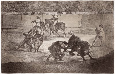 Walka byków: torreador wchodzi na arenę, aby zabić byka czapką zamiast mulety autorstwa Francisco de Goya
