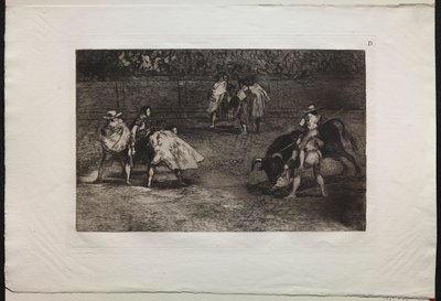 Walki byków: torreador na barkach asystenta, przebijający byka oszczepem autorstwa Francisco de Goya