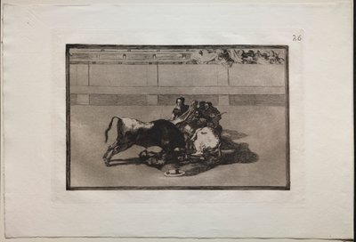 Walki byków: Picador jest bez konia i spada pod bykiem autorstwa Francisco de Goya