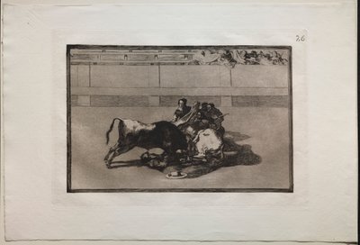 Walki byków: Picador jest pozbawiony koni i spada pod bykiem, 1876. autorstwa Francisco de Goya