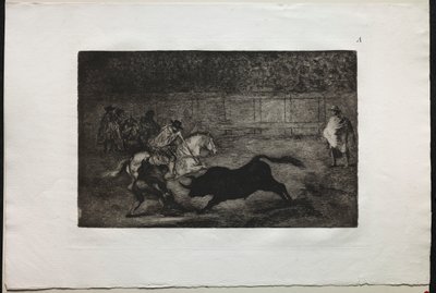 Walki byków: hiszpański rycerz konny łamiący krótkie włócznie z pomocą asystentów autorstwa Francisco de Goya