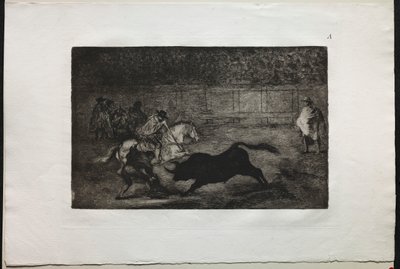 Walki byków: hiszpański rycerz konny łamiący krótkie włócznie z pomocą asystentów, 1876. autorstwa Francisco de Goya