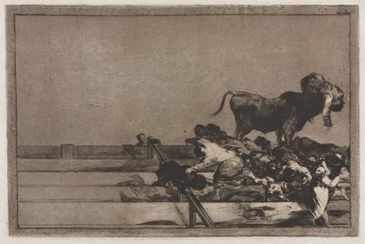 Walki byków: straszne wydarzenia w pierwszych rzędach pierścienia w Madrycie i śmierć burmistrza Torrejon autorstwa Francisco de Goya