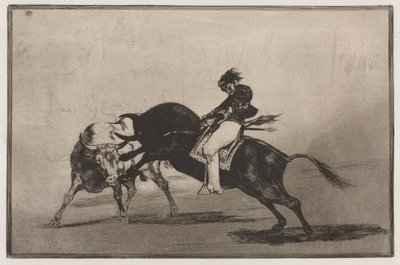 Walki byków: te same ceballos na innym byku łamią krótkie włócznie na ringu w Madrycie autorstwa Francisco de Goya