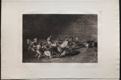 Walki byków: dwie drużyny pikadorów rzucone jeden po drugim przez jednego byka autorstwa Francisco de Goya