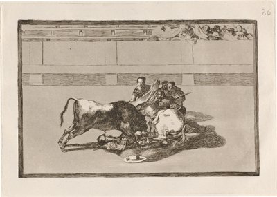 Upadek pikadora z konia pod bykiem (Picador jest bez konia i spada pod bykiem) autorstwa Francisco de Goya