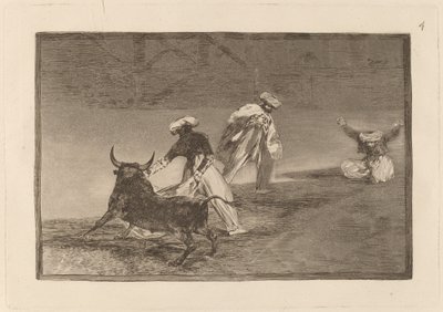Capean otro encerrado (grają w innego z peleryną w zagrodzie) autorstwa Francisco de Goya