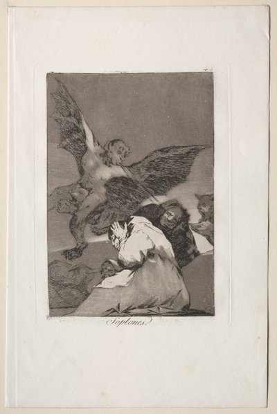 Caprichos: nosiciele opowieści, podmuchy wiatru. autorstwa Francisco de Goya