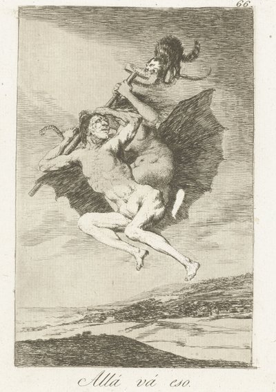 tam idą Allá vá eso (tytuł na obiekcie) Los Caprichos (tytuł serii) autorstwa Francisco de Goya