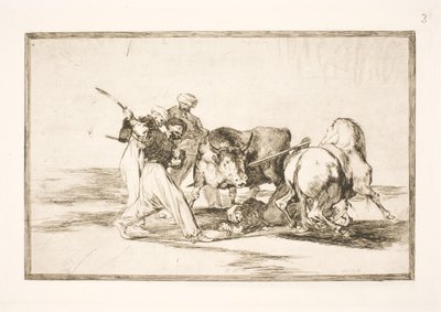 Maurowie, którzy osiedlili się w Hiszpanii i porzucili przesądy Koranu, nabyli tę sztukę polowania i nabijania byka na równinie autorstwa Francisco de Goya