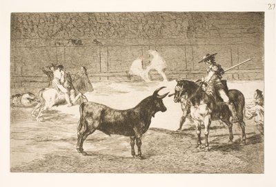 Słynny pikador, Fernando del Toro, prowokuje włócznią byka olme autorstwa Francisco de Goya