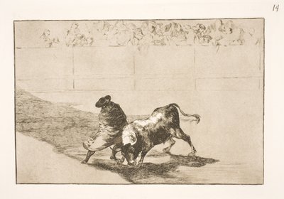 Bardzo utalentowany uczeń z Falces, udrapowany w płaszczu, oszukuje byka ruchami swojego ciała autorstwa Francisco de Goya