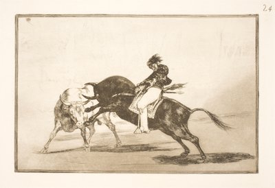 Ten sam Ceballos, siedzący na grzbiecie innego byka, łamie krótkie włócznie na madryckiej arenie autorstwa Francisco de Goya