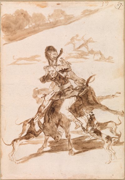 Psy goniące kota za mężczyzną na osiołku autorstwa Francisco de Goya