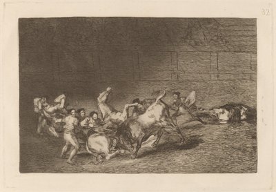 Dwie drużyny pikadorów rzucone jeden po drugim przez jednego byka autorstwa Francisco de Goya