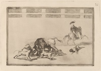 Echan perros al toro (Wypuszczają psy na byka) autorstwa Francisco de Goya