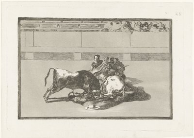 Picador został zrzucony z konia i leży pod bykiem Caida de un picador de su caballo debajo del toro La Tauromaquia (tytuł serii) Walka byków (tytuł serii) autorstwa Francisco de Goya