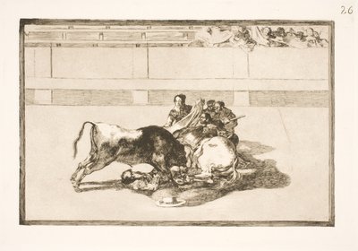 Z konia zrzucany jest pikador i rozbija się pod bykiem autorstwa Francisco de Goya