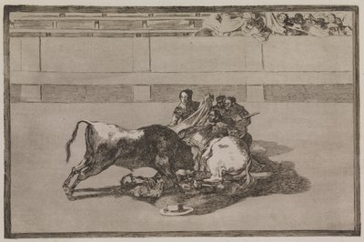 Z konia zrzucany jest pikador i rozbija się pod bykiem autorstwa Francisco de Goya