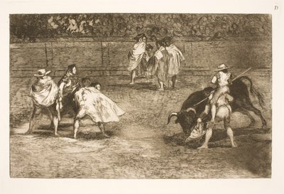 Torreador, siedzący na ramionach pomocnika, krępuje byka autorstwa Francisco de Goya