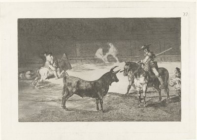 Fernando del Toro daagt een stier uit Słynny Fernando del Toro, barilarguero, wymuszający bestię tyczką Walka byków (tytuł serii) Stierenvechten (tytuł serii) autorstwa Francisco de Goya