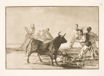 Ludzie dźgają byka lancami, sierpami, banderillami i inną bronią autorstwa Francisco de Goya