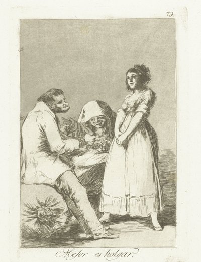 Lepiej być leniwym Mejor es holgar (tytuł na obiekcie) Los Caprichos (tytuł serii) autorstwa Francisco de Goya