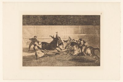 Mężczyzna nadziany na róg byka Mort de Pepe Illo Walki byków (tytuł serii) La Taureaumachie (tytuł serii) La Tauromaquia (tytuł serii) autorstwa Francisco de Goya