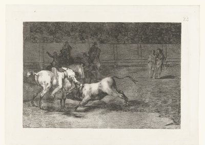Mariano Ceballos dodt een stier Madriano Ceballos, alias El Indio, zabija byka ze swojego konia Walka byków (tytuł serii) Stierenvechten (tytuł serii) autorstwa Francisco de Goya