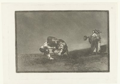 Martincho chwyta byka za róg El mismo vuelco en toro en la plaza de Madrid Walka byków (tytuł serii) La Tauromaquia (tytuł serii) autorstwa Francisco de Goya