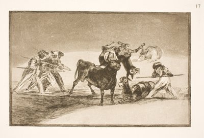 Maurowie używają osłów jako bariery do obrony przed bykiem, którego rogi zostały wyposażone w kule autorstwa Francisco de Goya