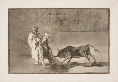 Maurowie na arenie dokładają wszelkich starań, aby zwabić byka za pomocą ich burnusa autorstwa Francisco de Goya