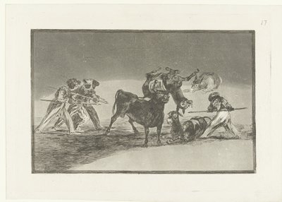 Maurowie i osły walczą z bykiem Palenque de los Moros hecho con burros para defenseerse del toro embolado La Tauromaquia (tytuł serii) Walka byków (tytuł serii) autorstwa Francisco de Goya
