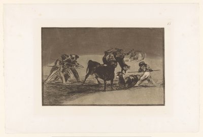 Maurowie i osły walczą z bykiem Palenque de los Moros hecho con burros para defenseerse del toro embolado Walki byków (tytuł serii) La Taureaumachie (tytuł serii) La Tauromaquia (tytuł serii) autorstwa Francisco de Goya