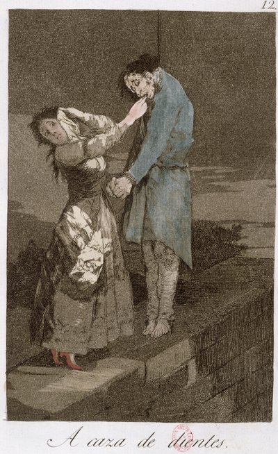 Polowanie na zęby, płyta 12 z "Los caprichos", koniec XVIII wieku (akwaforta barwna) (zob. także 81631) autorstwa Francisco de Goya