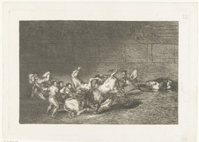 Picador steekt een lans w een stier Dwie grupy pikadorów przejechanych z rzędu przez jednego byka Walka byków (tytuł serii) Stierenvechten (tytuł serii) autorstwa Francisco de Goya